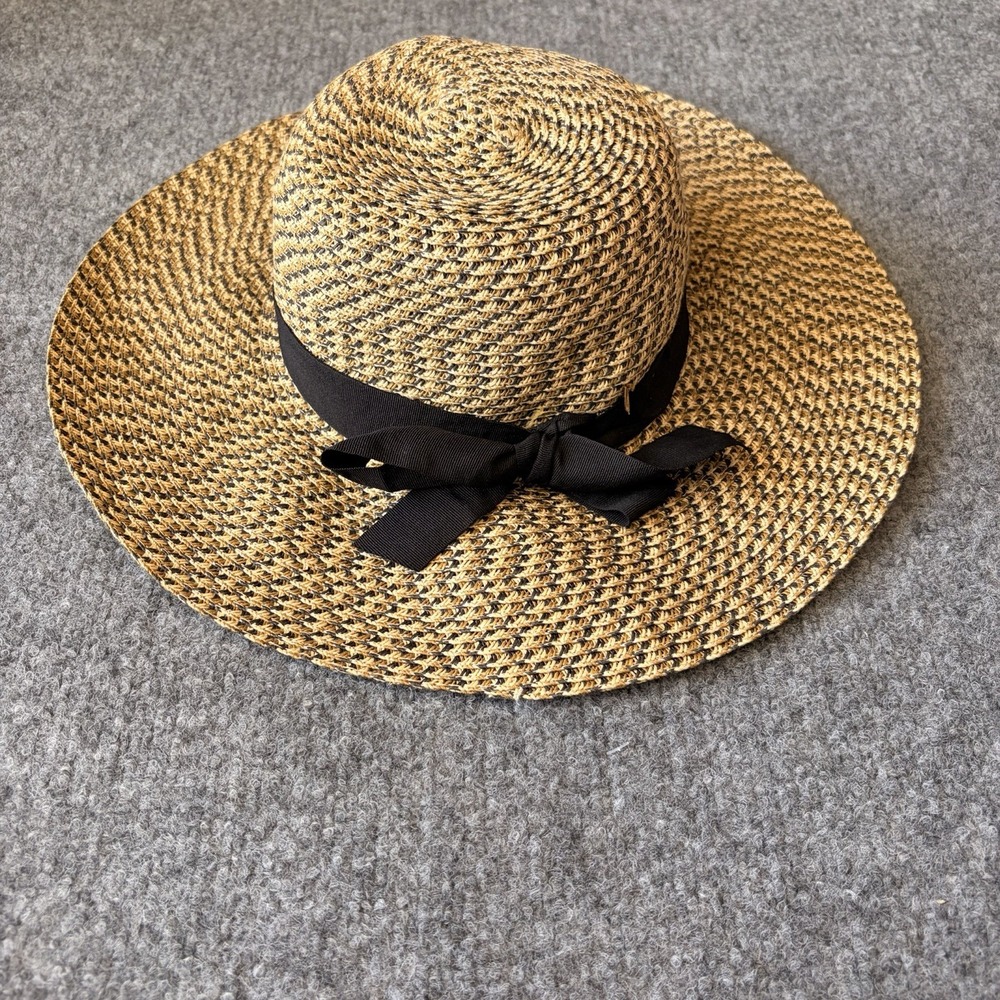 MONG New York Woven Straw Sun Hat Women One Size Beige Black Ribbon Bow Packable
